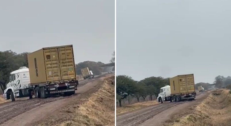 Dos camiones con containers se equivocaron de ruta, quedaron en el barro 58 camiones barro mitre