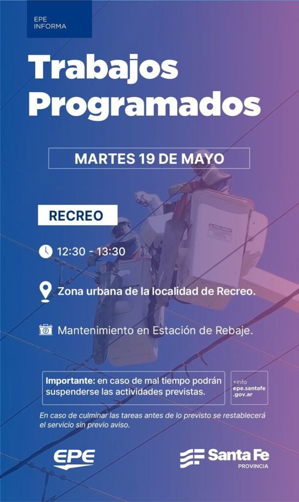 Corte de energía programado para este martes en Recreo 59 corte luz