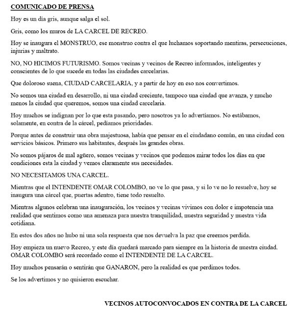 comunicado vecinos carcel